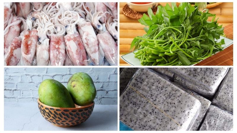Nguyên liệu làm mực hấp cuốn rau muống