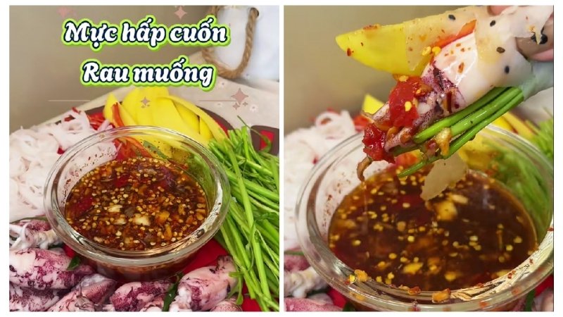 Mực hấp cuốn rau muống