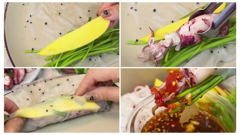 Thưởng thức mực hấp cuốn rau muống