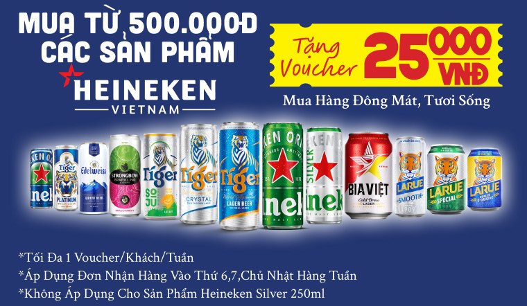 Mua bia từ 500k, tặng voucher 25k mua hàng tươi sống, đông mát
