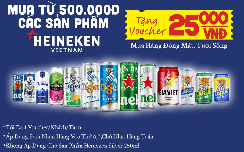 Mua bia từ 500k, tặng voucher 25k mua hàng tươi sống, đông mát