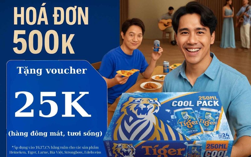 Mua bia từ 500k, tặng voucher 25k mua hàng tươi sống, đông mát