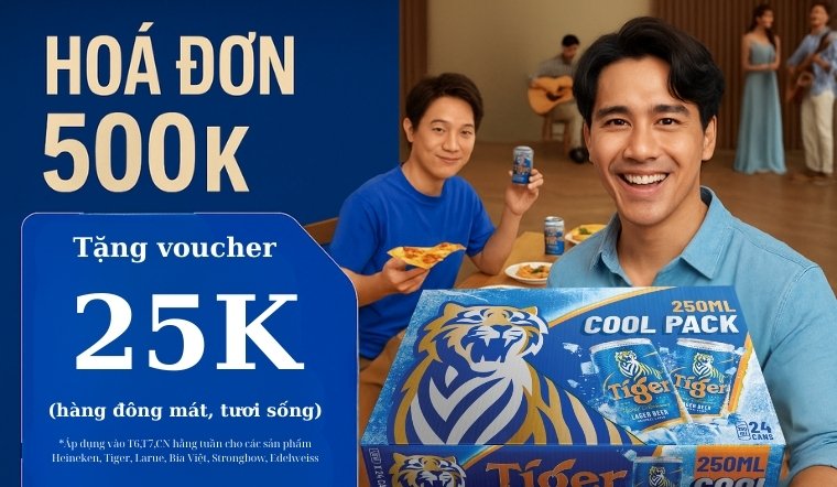 Mua bia từ 500k, tặng voucher 25k mua hàng tươi sống, đông mát