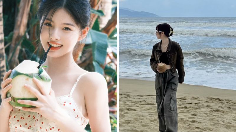 Tạo dáng chụp ảnh biển với trái dừa Tạo dáng chụp ảnh biển với trái dừa
