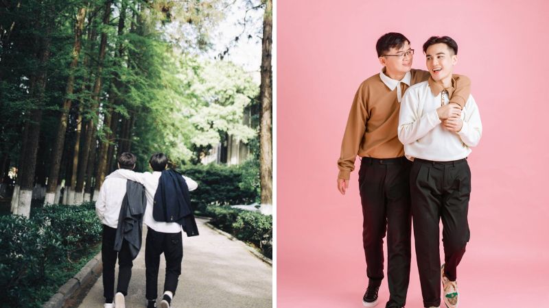Tạo dáng chụp ảnh đôi bạn thân nam khoác vai hoặc kề cổ