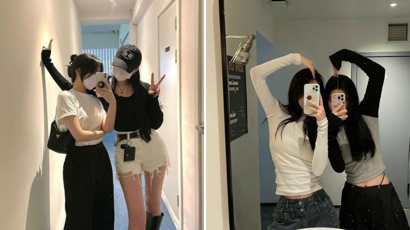 Tạo dáng chụp ảnh đôi bạn thân nữ che mặt
