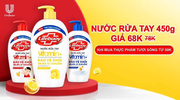 Hóa đơn hàng tươi sống từ 50K, ưu đãi nước rửa tay Lifebuoy 450g chỉ 68K