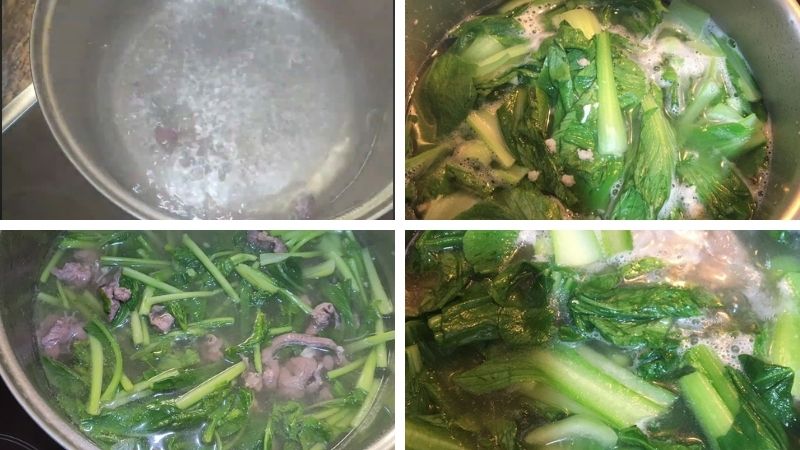 Nấu canh với lửa lớn để giữ được độ mềm và rau cải thìa xanh tươi