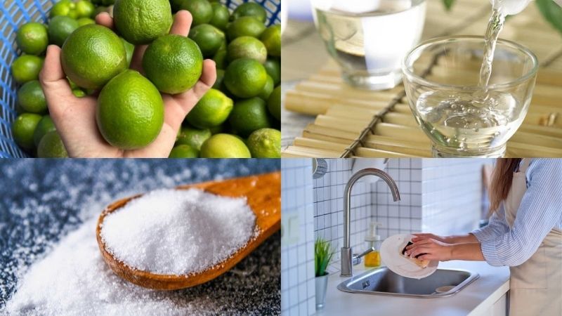 Minh họa cách làm nước rửa chén bằng chanh, giấm và muối