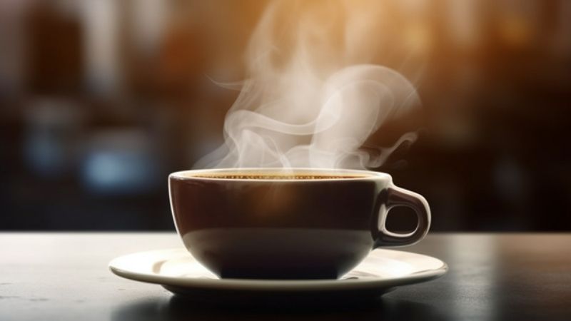 Tách cà phê bốc khói mờ ảo