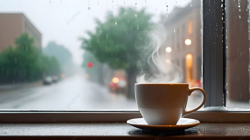 Tách cà phê nóng bốc khói ngày mưa lãng mạn