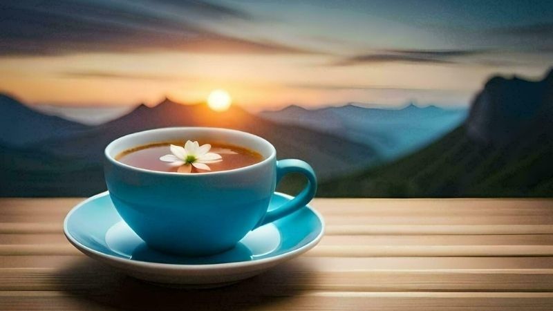 Ly cà phê xanh có hoa nhỏ trên nền núi non