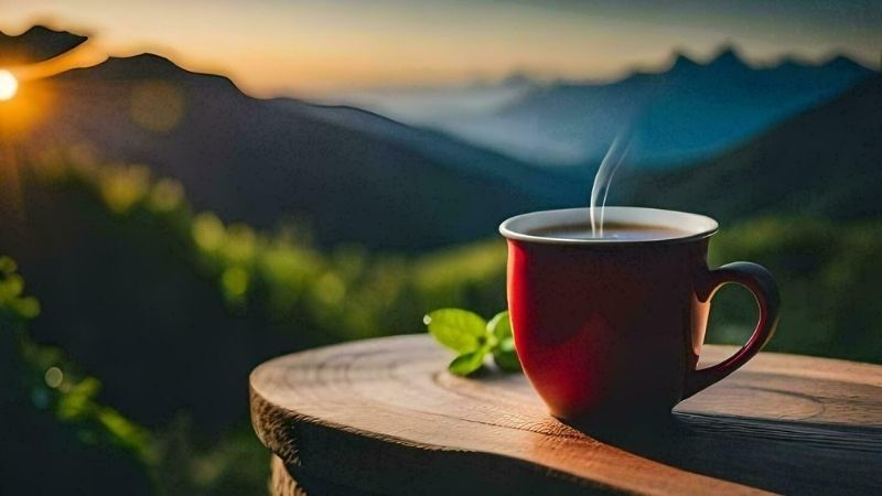 Cà phê đỏ nóng hổi trên bàn gỗ với núi xa