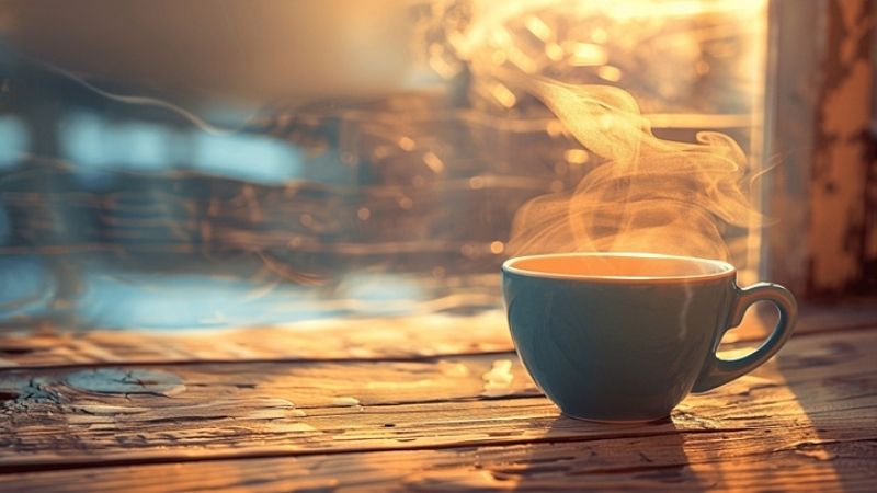 Cà phê sáng bốc khói trên bàn gỗ vintage đẹp mắt
