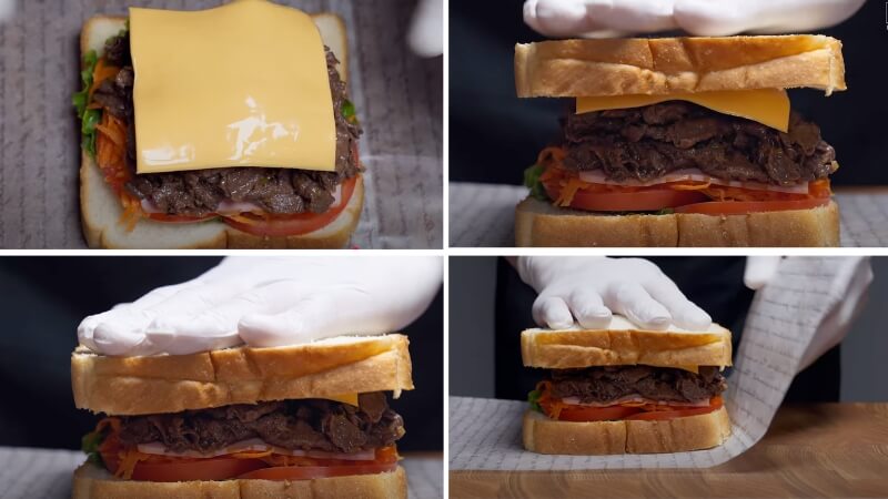 Ép bánh mì xuống để tăng tính thẩm mỹ cho bánh mì sandwich kẹp thịt