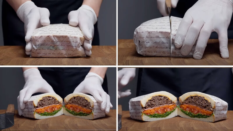 Bổ đôi bánh mì sandwich kẹp thịt để có được thành phẩm đẹp mắt
