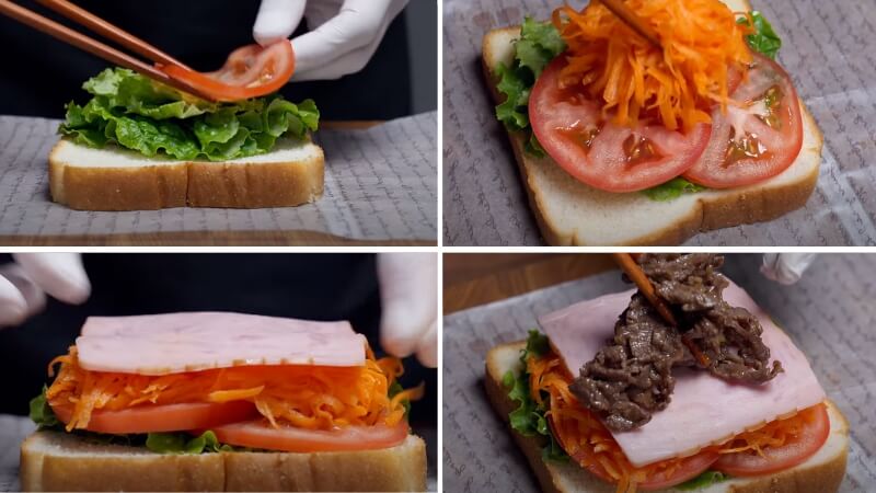 Sắp xếp các nguyên liệu lên bánh sandwich