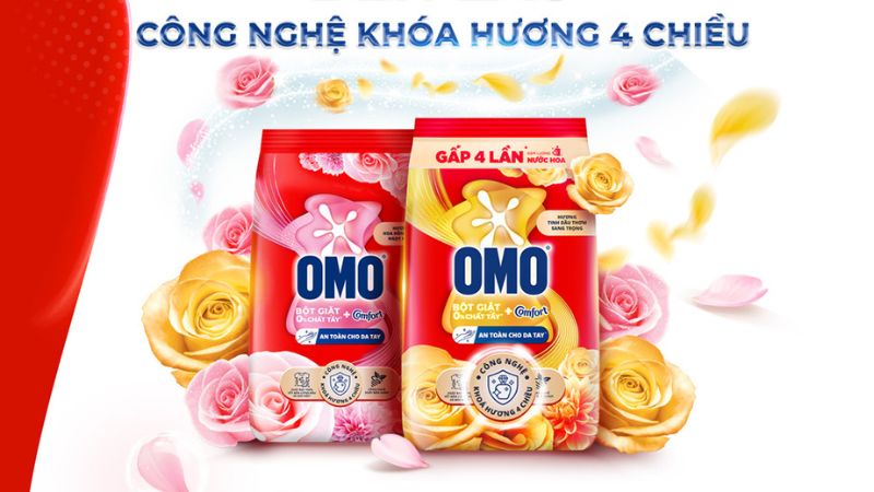 Bột giặt OMO Comfort trang bị công nghệ khóa hương 4 chiều, giúp lưu hương bền lâu