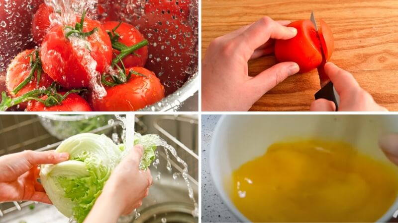 Rửa rau và xà lách, đập trứng vào tô