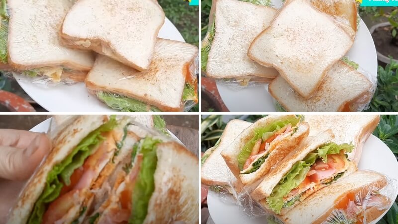 Chiếc bánh mì sandwich kẹp trứng xúc xích có nhân bánh mềm mại với lớp trứng béo, xúc xích đậm đà