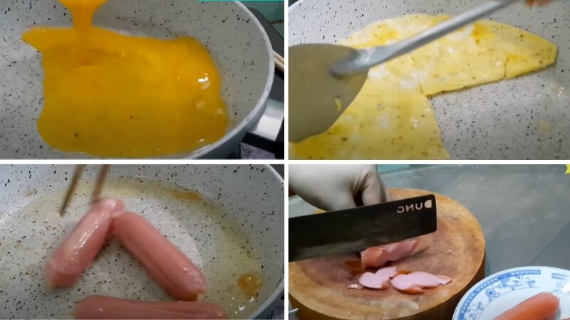 Chiên trứng và chiên xúc xích để có được nhân của bánh mì sandwich