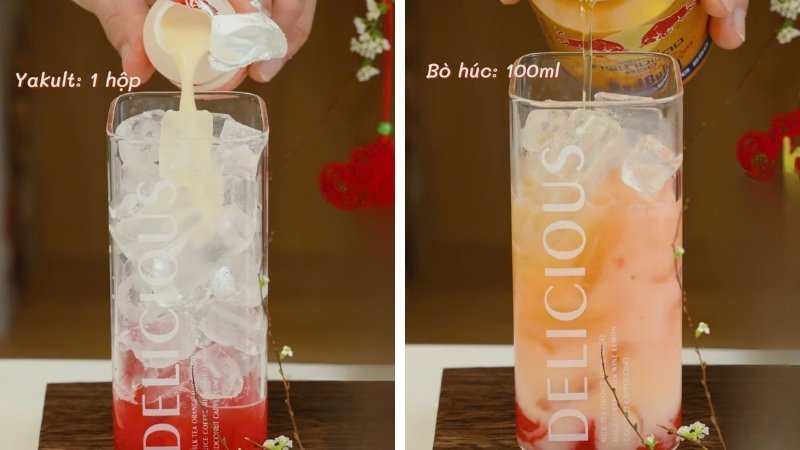 Lần lượt cho yakult và bò lúc vào ly