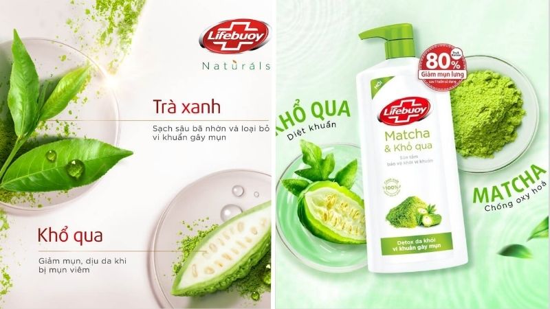 Thành phần từ trà xanh và khổ qua giúp sạch sâu bã nhờn, giảm mụn và dịu da