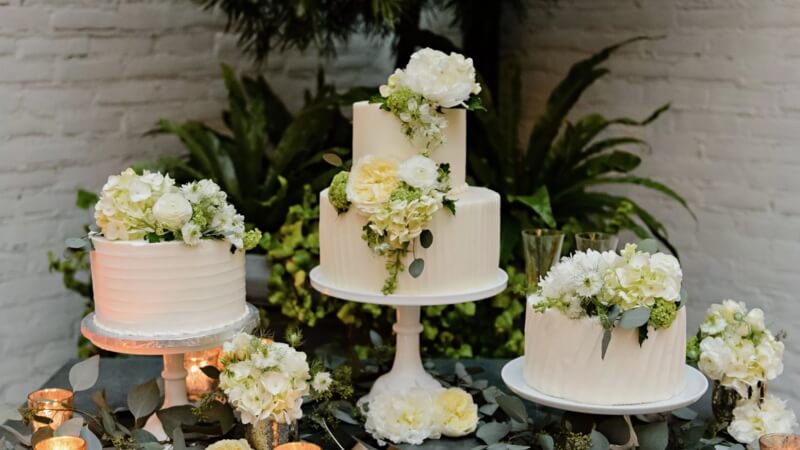 Bánh kem cưới: Thường xuất hiện trong tiệc cưới hiện đại, mang ý nghĩa ngọt ngào, khởi đầu mới. Bánh kem cưới: Thường xuất hiện trong tiệc cưới hiện đại, mang ý nghĩa ngọt ngào, khởi đầu mới.