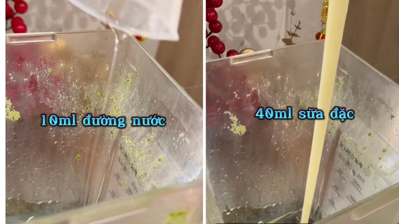 Cho 10ml đường nước và 40ml sữa đặc vào cốc xay sinh tố