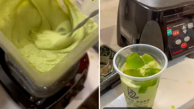 Tiếp tục cho bột matcha và đá vào