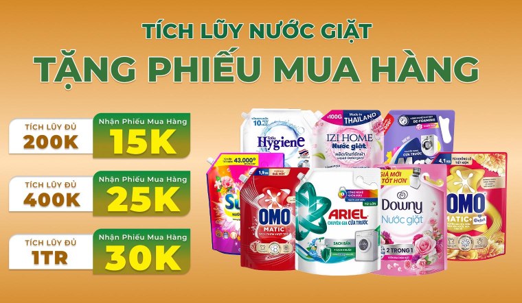 Tích lũy mua sắm nước giặt, nhận phiếu mua hàng tại Bách hóa XANH