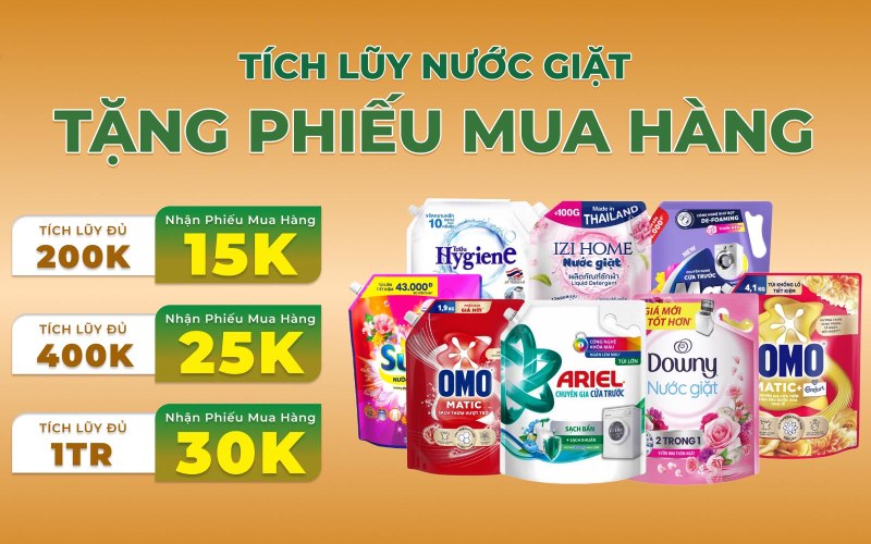 Tích lũy mua sắm nước giặt, nhận phiếu mua hàng tại Bách hóa XANH