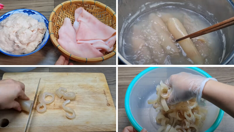 Sơ chế da heo để gói chả bì ớt xiêm xanh