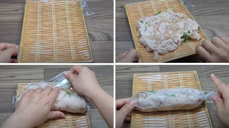 Định hình chả lụa bằng màng bọc thực phẩm