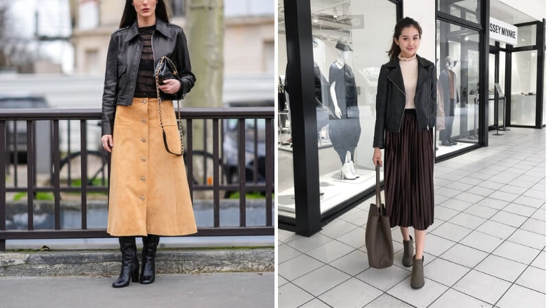 Chân váy maxi kết hợp cùng áo khoác da lộn