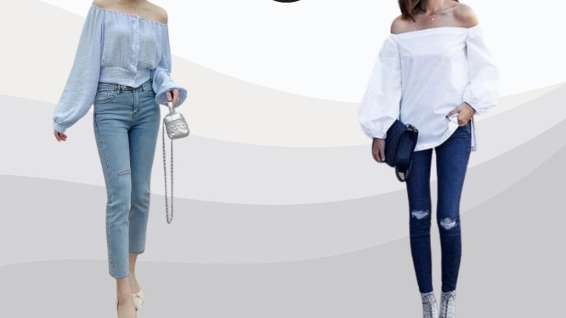 Quần jeans ôm phối với áo trễ vai