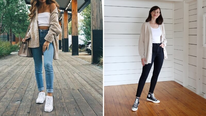 Quần jeans ôm phối với áo cardigan