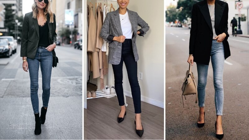 Quần jeans ôm phối với áo blazer