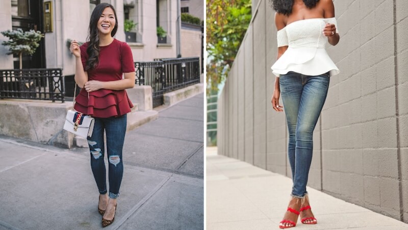 Quần jeans ôm phối với áo peplum