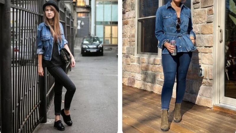 Quần jeans ôm phối với áo khoác denim