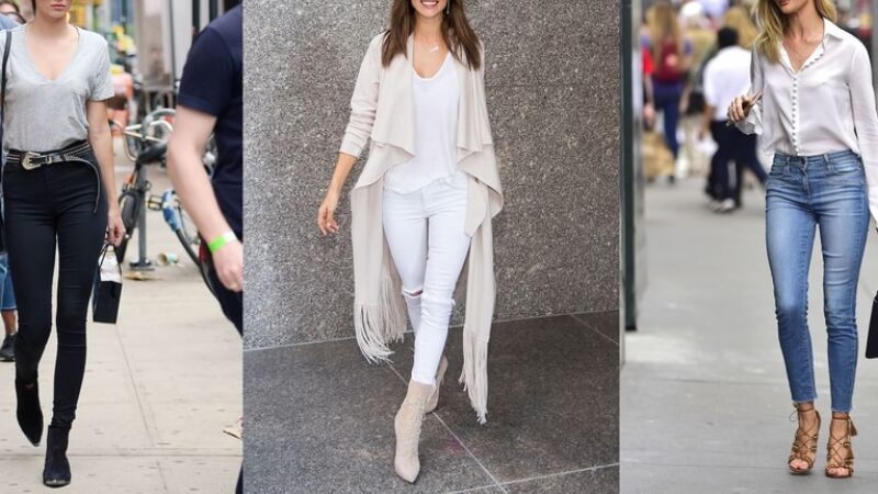Quần jeans ôm phối với sơ mi dáng váy