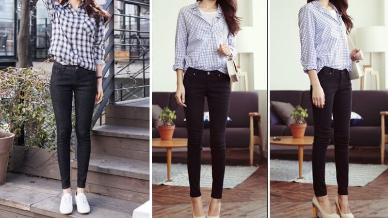 Quần jeans ôm phối với áo sơ mi