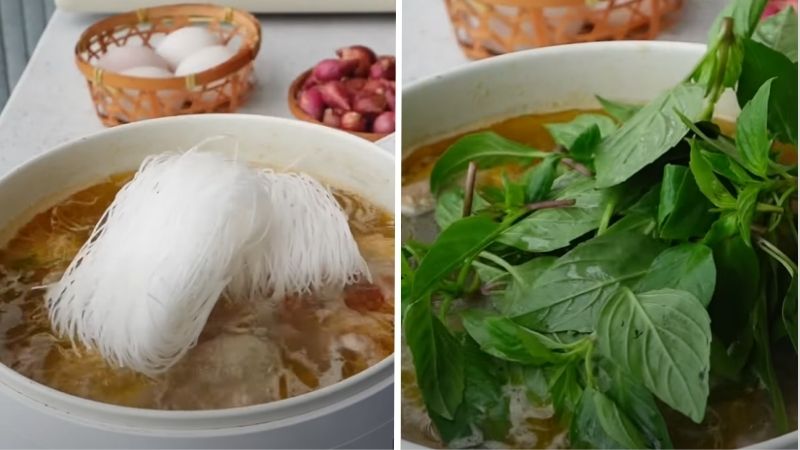 Cho miến và rau quế vào nồi