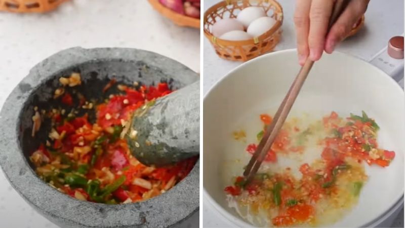 Giã nhuyễn ớt tỏi và phi thơm