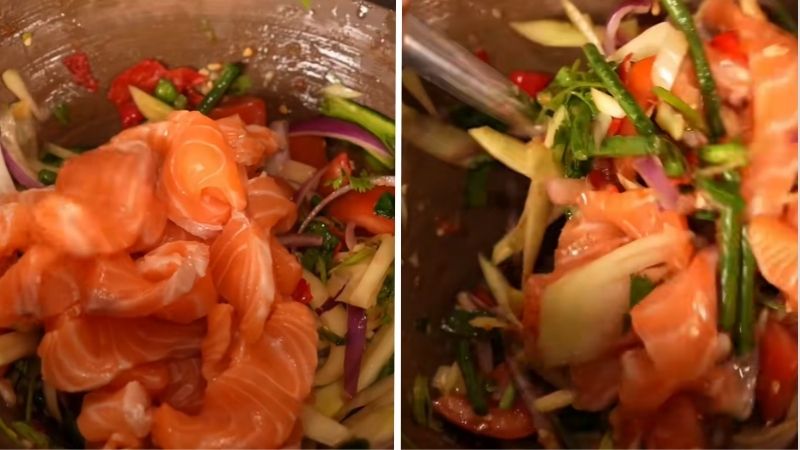 Cho cá hồi vào cối và trộn đều