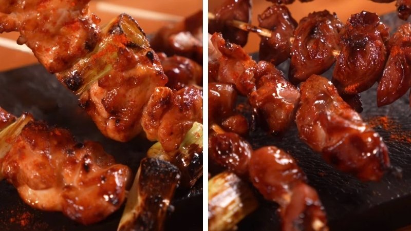 Yakitori ngon chuẩn vị khi có màu nâu óng, thịt mềm mọng và thơm mùi sốt tare