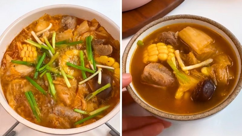 Cách nấu canh sườn ngô kim chi chua cay, đậm đà chuẩn vị Hàn