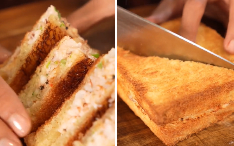 Cắt bánh sandwich tôm ra và thưởng thức