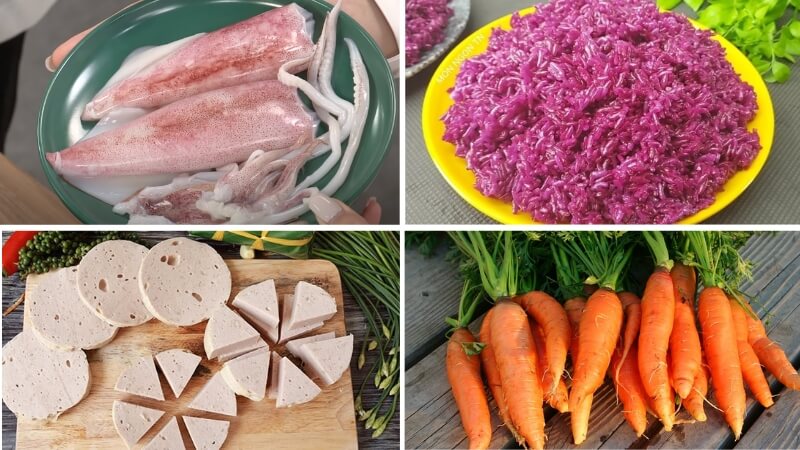 Nguyên liệu làm mực nhồi xôi tím rau củ Nguyên liệu làm mực nhồi xôi tím rau củ
