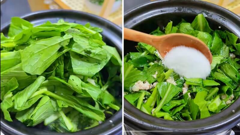 Cho gia vị vào canh cải ngọt thịt băm Cho gia vị vào canh cải ngọt thịt băm